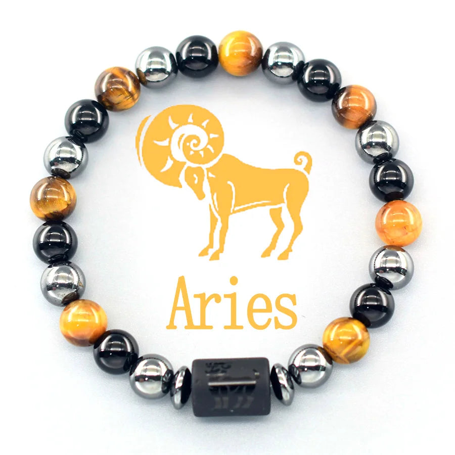 ✨ 12 Zodiac Sign Bracelet Homme – Natural Yellow Tiger Eye Stone & Hematite Constellation Bangle – Cancer, Taurus, Libra Astrology Bracelet for Women 4 Aries 8 mm Beads