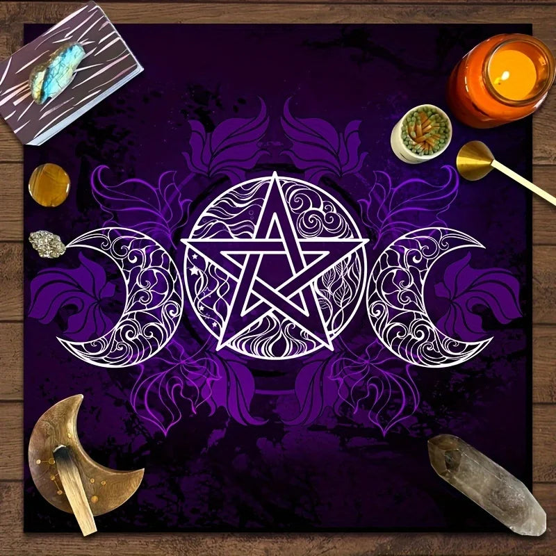 🌙 Velvet Tarot Card Mat | Purple Triple Moon Goddess Design – Altar Cloth & Table Pad for Witchcraft, Astrology, and Board Games