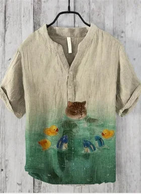 The Bamboo-Zen Anime Edition Premium Unisex Bamboo-Linen V-Neck Shirt - High-Definition Anime Feline Character Print Ultra-Breathable Eco-Fiber Blend Spring Summer Casual Button-Down Apparel