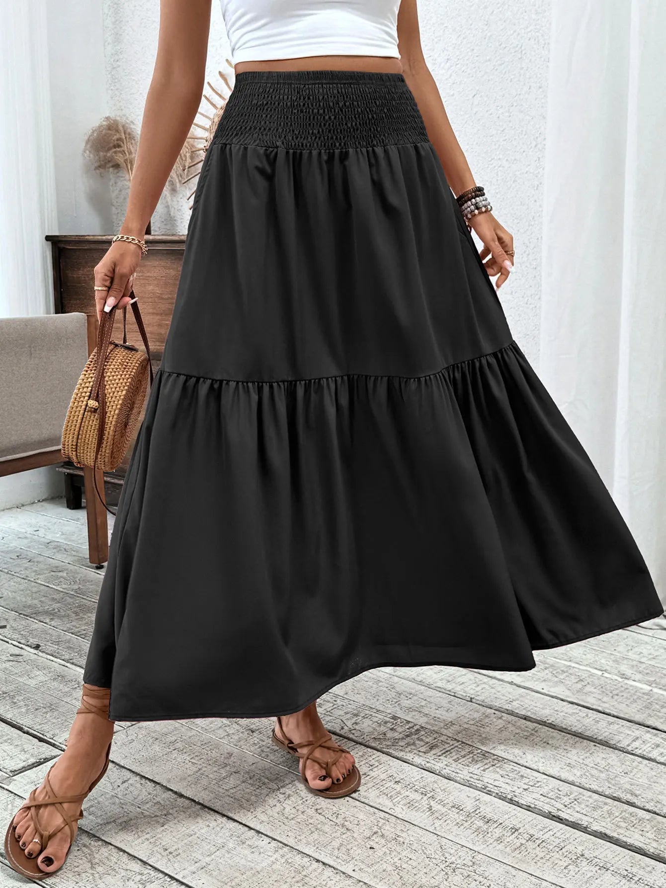 🌟 Women New Classic Printed Skirt Retro High Waist Long Skirt Casual Stylish Loose Beach Skirt Elegant Ladies Floral Pleated Skirt﻿