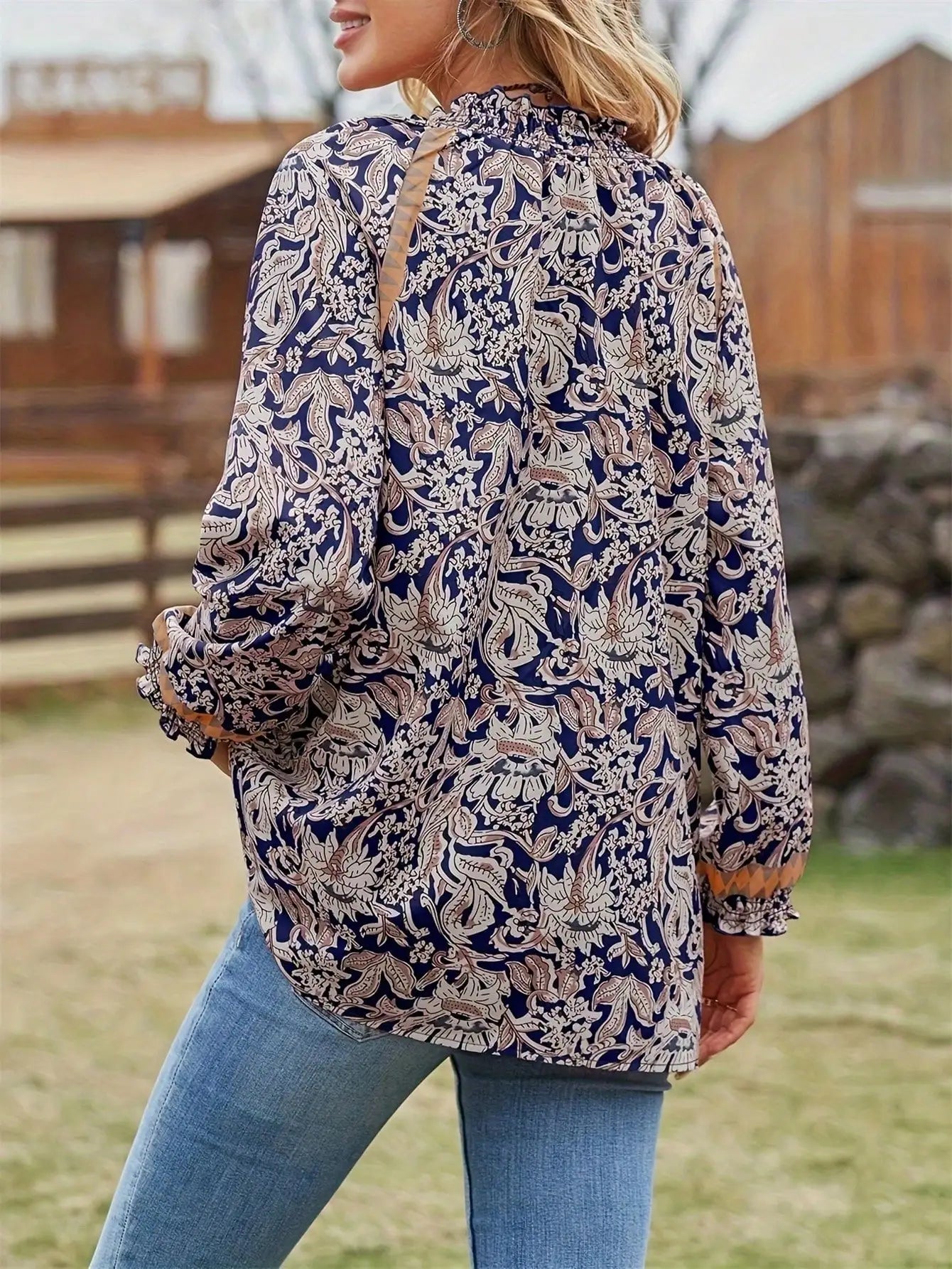 👚 Women’s Bohemian Print Long Sleeve Tunic Blouse – Tie Neck, Flounce Sleeves, Navy Blue