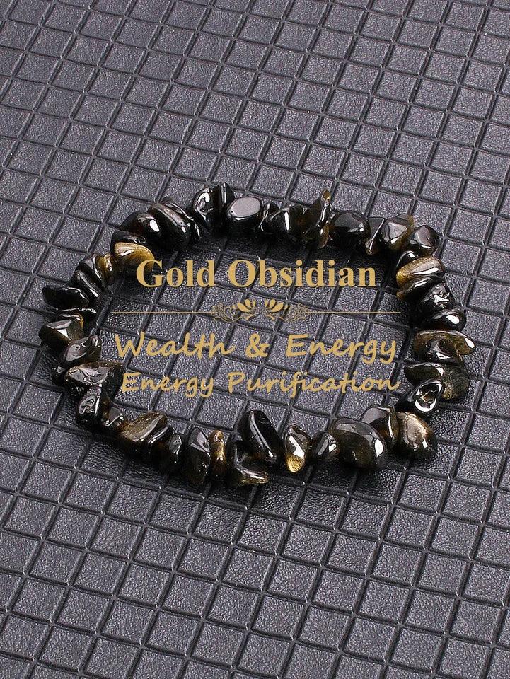 ✨ Natural Gold Color Obsidian Crushed Stone Beads Bracelet – Protection & Deep Grounding Energy Jewelry