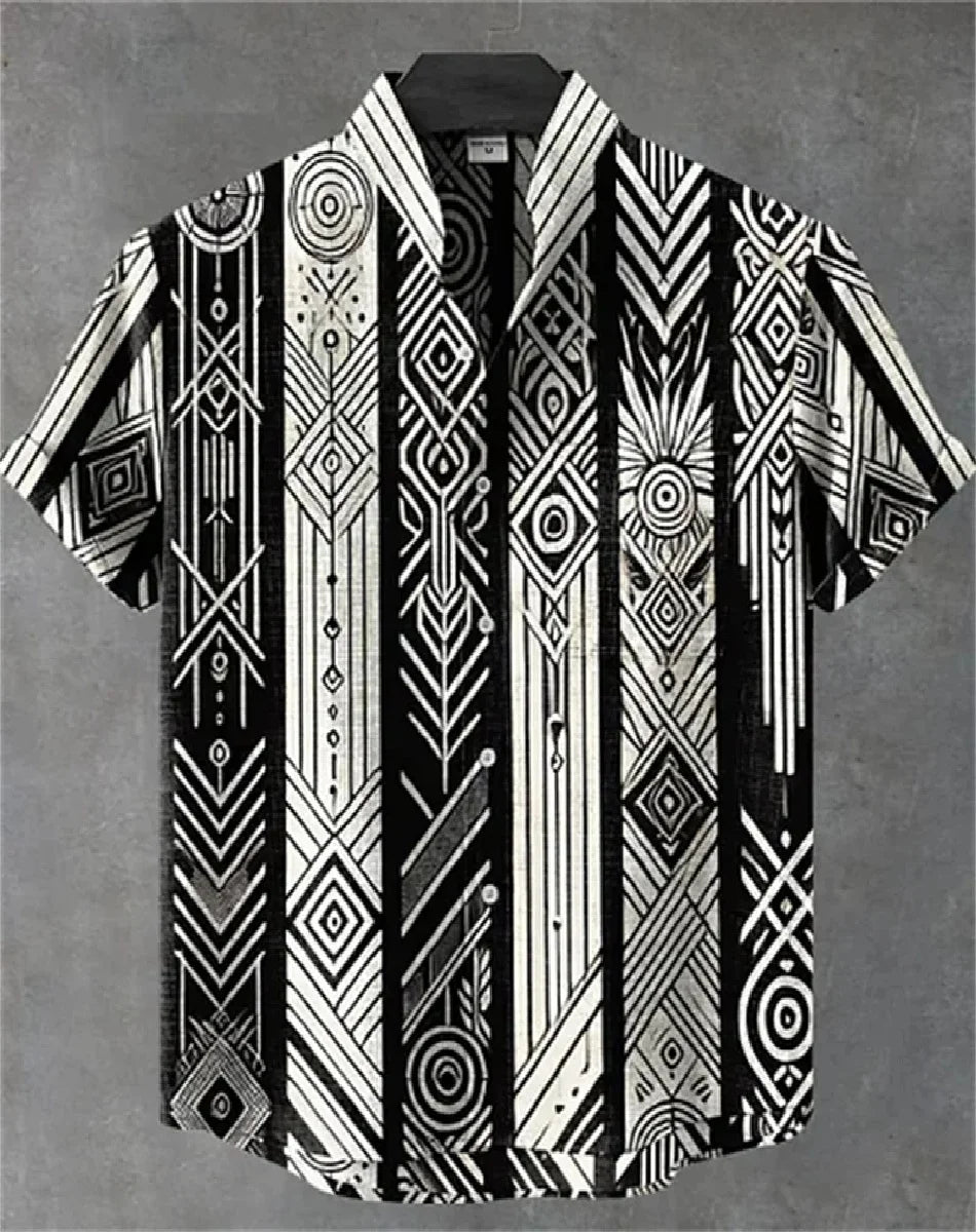🌍 The Ethnic Heritage Edition: Premium Men’s Retro Linen Shirt – High-Definition Tribal Graphic Print, Breathable Organic Cotton-Linen Blend, and Sophisticated Modern-Fit Holiday Streetwear มัลติ
