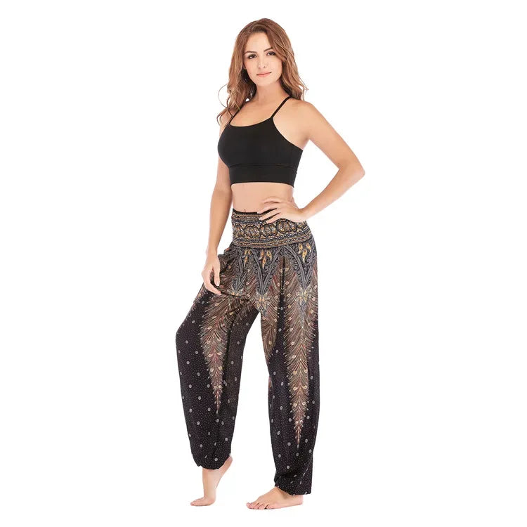 Women's Boho Yoga Pants - High Waist Floral Print Harem Leggings with Pockets for Comfort and Style