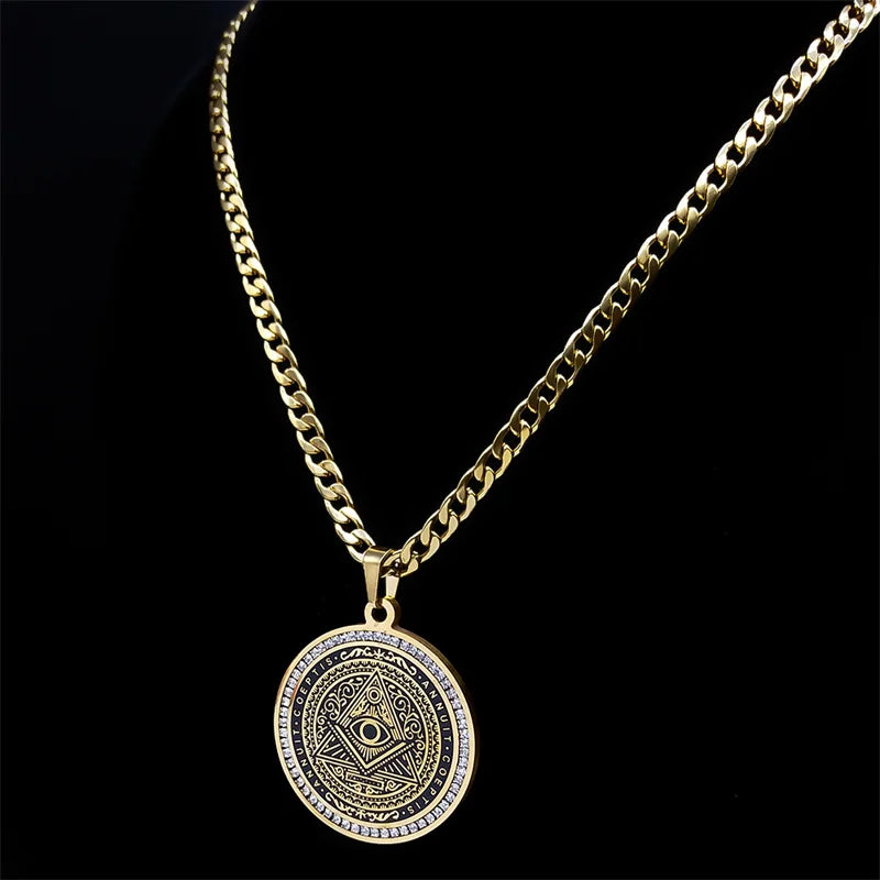 👁️ Eye of Providence Illuminati Pyramid Necklace – Large Crystal Pendant | Men's Hip Hop Style | Stainless Steel Gold Color Chain Accessories