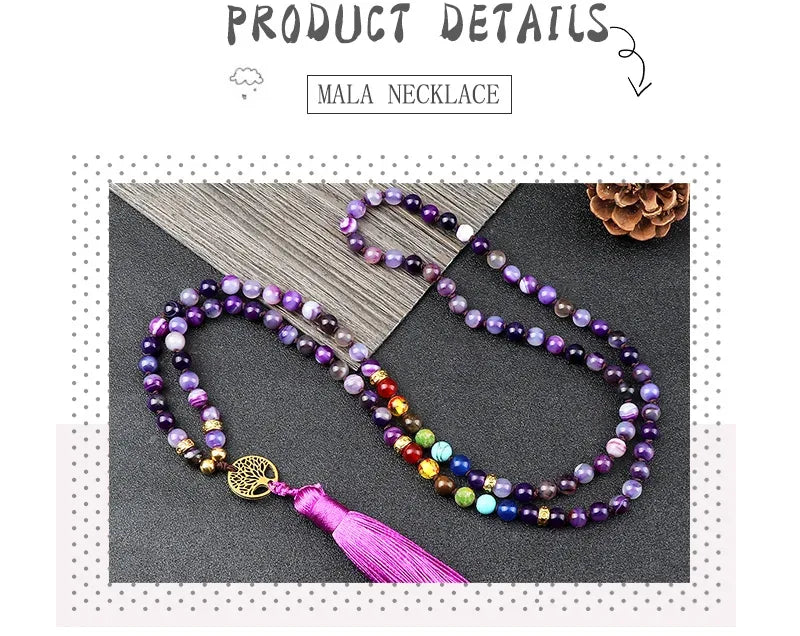 💜 Natural Purple Agate 108 Mala Necklace: Hand-Knotted Reiki Healing Stone – 7 Chakra Meditation Japamala & Boho Tassel Jewelry for Women