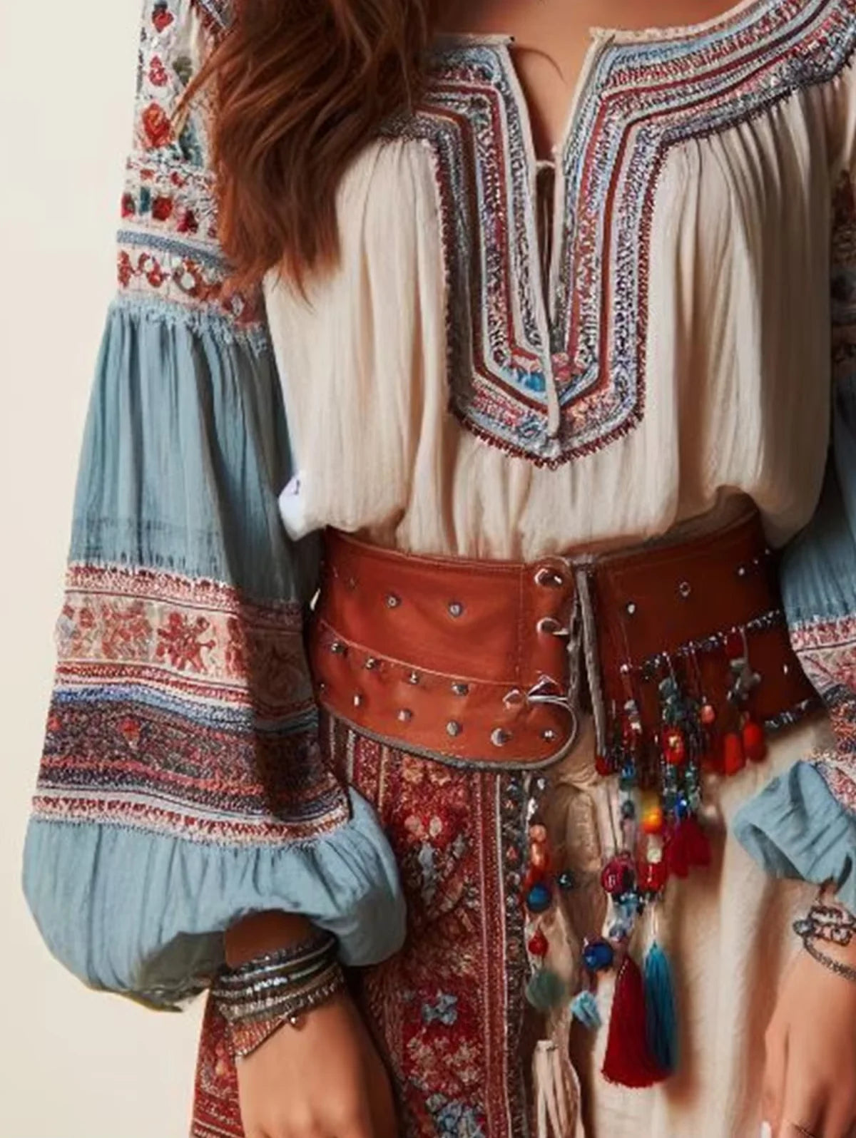 🛍️ 2025 Lantern Sleeves Boho Blouse – Floral Pattern Drawstring Lace-Up O-Neck Ethnic Style Women’s Tops for Spring & Autumn