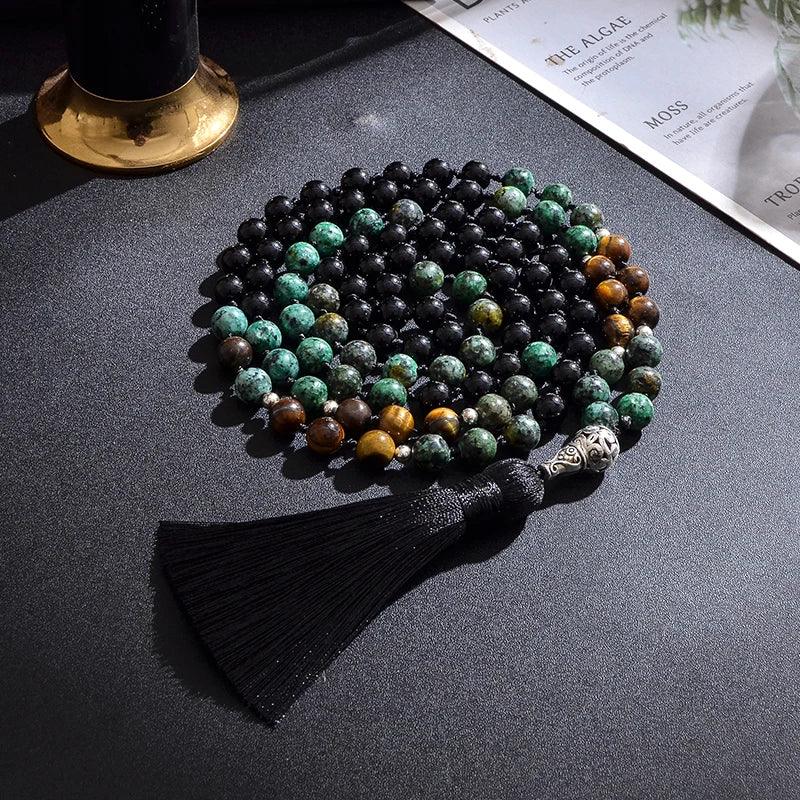 🌿 The "Evolution" 108 Mala: African Turquoise, Tiger Eye & Onyx Knotted Meditation Necklace