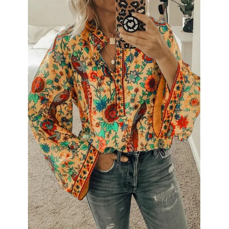 Women's Floral Print Blouse - New Summer Design, Loose Fit, Flared Long Sleeves, Model CKX9070 orange
