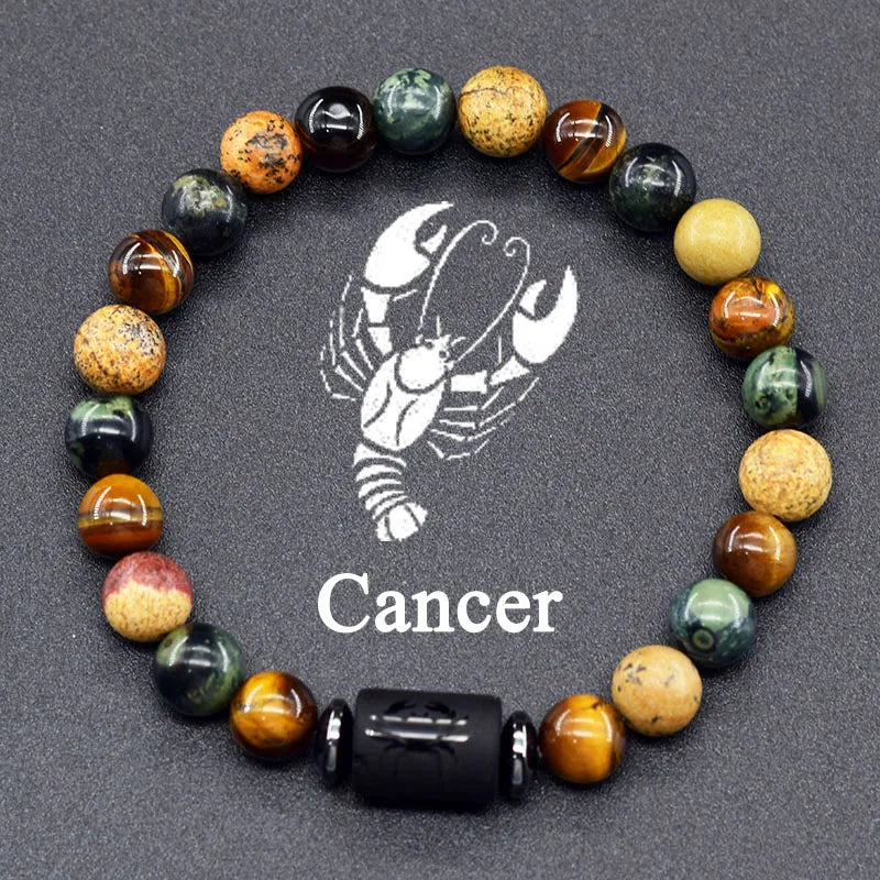 ✨ 12 Zodiac Constellation Signs Bracelet – Tiger Eye & Sparrow Picture Stone Beads – Virgo Charm Couple Jewelry for Men & Women 7 Cancer 8 mm Beads