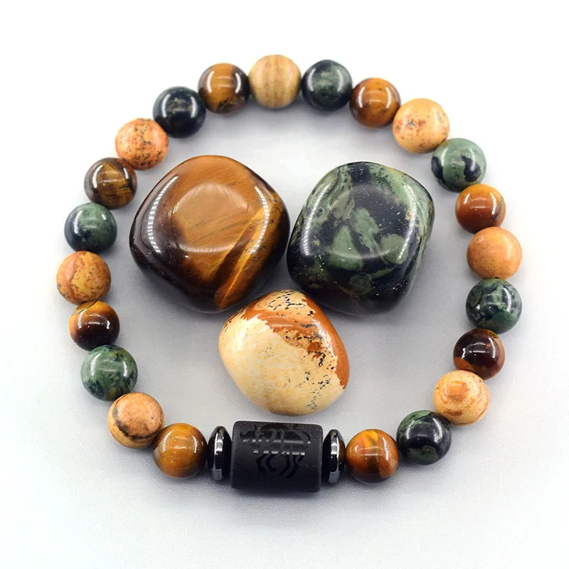 ✨ 12 Zodiac Constellation Signs Bracelet – Tiger Eye & Sparrow Picture Stone Beads – Virgo Charm Couple Jewelry for Men & Women