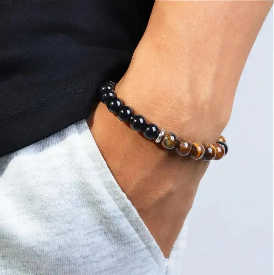 ✨ Classy Natural Stone Tiger's Eye & Obsidian Beaded Bracelet – Elegant Black Jewelry for Men – Perfect Brother Christmas Gift & Pulseras Mujer