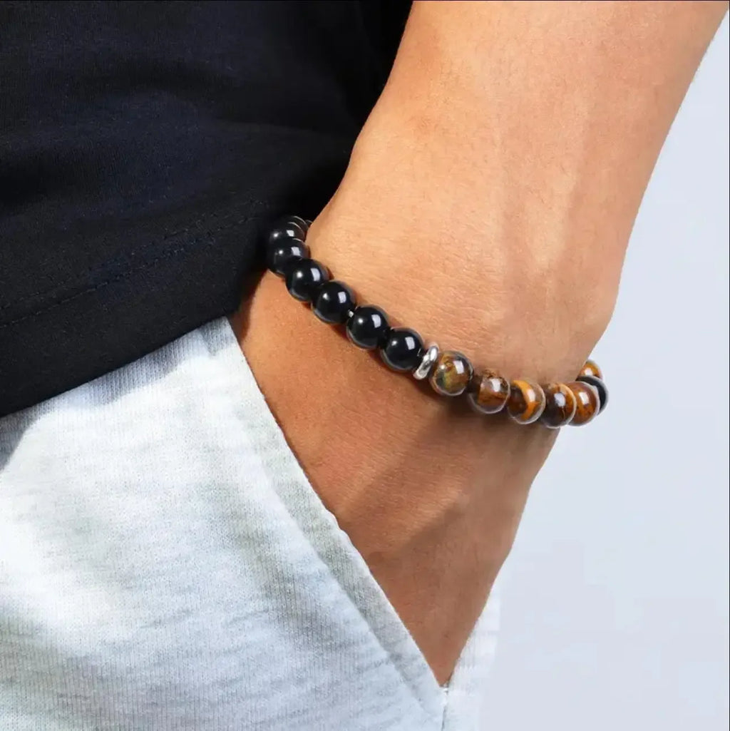 ✨ Classy Natural Stone Tiger's Eye & Obsidian Beaded Bracelet – Elegant Black Jewelry for Men – Perfect Brother Christmas Gift & Pulseras Mujer