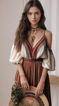 Women's Boho Floral Blouse - Short Sleeve Sexy V-Neck Lace-Up Ethnic Style L