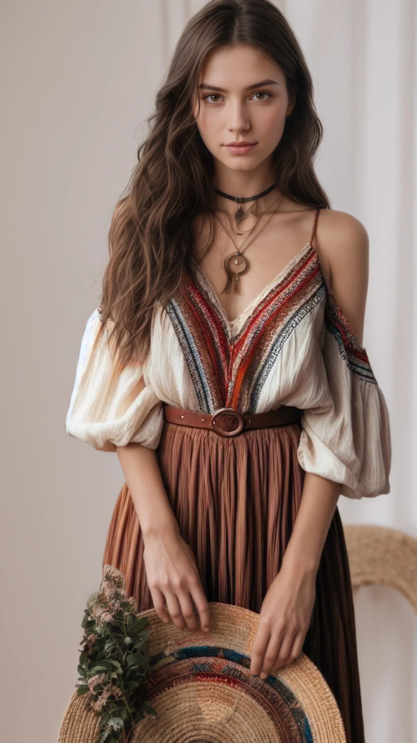 Women's Boho Floral Blouse - Short Sleeve Sexy V-Neck Lace-Up Ethnic Style L