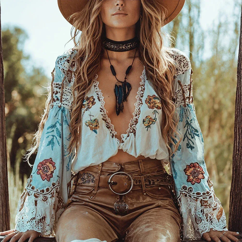 🌸 Bohemian Muse: Floral Lace-Up Bell Sleeve Blouse – Retro Tribal Elegance & Vintage Hippie Chic Top