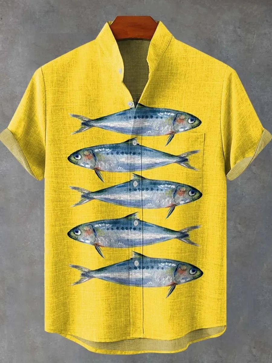 🌊The Vintage Angler’s Heritage: Premium Men’s Cotton-Linen Casual Shirt – Retro 3D Fish Pattern, Breathable Short-Sleeve Utility Top (Camisas De Hombre), and Sophisticated Coastal Silhouette SFQQQD1047