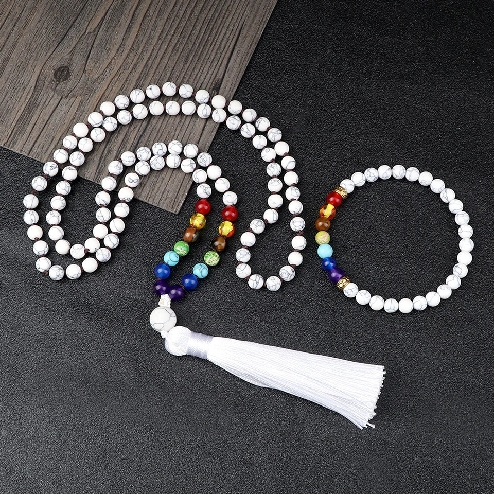 📿 108 Bead Howlite Japamala & 7 Chakra Bracelet Set: 6mm Hand-Knotted Mala Necklace – Calming Stone for Yoga Meditation & Anxiety Relief