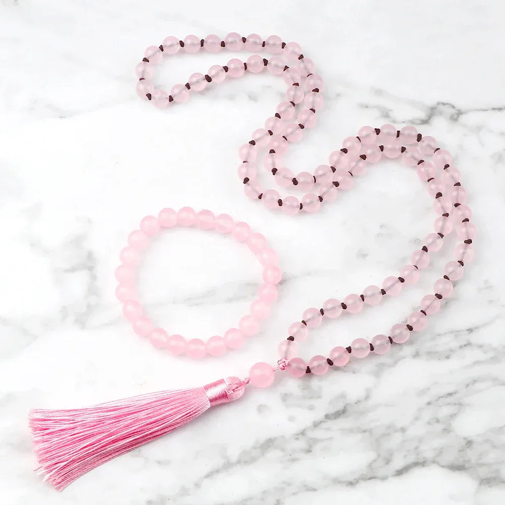 🐯 Natural Tiger Eye Stone Jewelry Set (Necklace & Bracelet): Healing Tassel Pendant & Sweater Chain – Confidence, Wealth & Protection Crystal for Women Pink Chalcedony