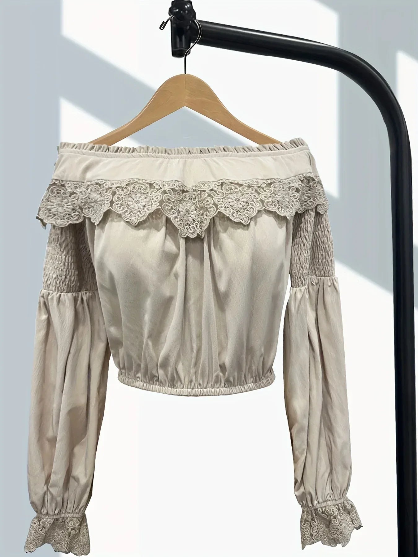 Women's Retro Elegant Blouse - Off Shoulder Long Sleeve with Lace Flowers and Lantern Sleeve Details