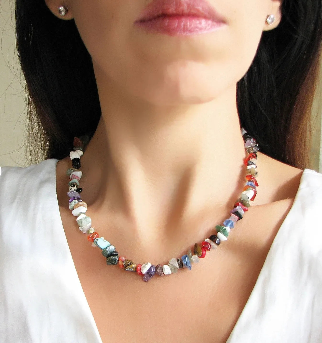 ✨ Turquoise Crystal Beaded Necklace – Perfect 11th Anniversary Gift for Wife – December Birthstone & Chakra Chip Choker A8