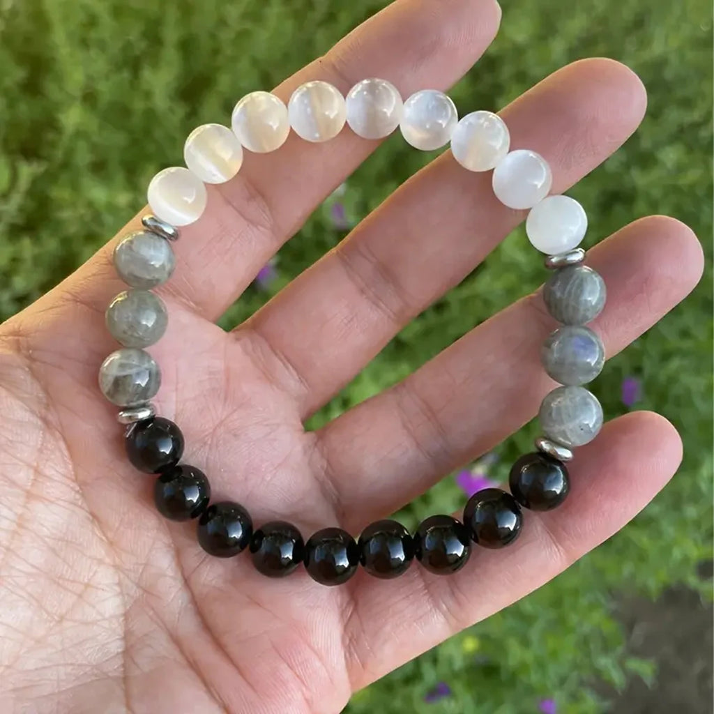 🛡️ Natural Stone Protection Bracelet – Black Tourmaline, Selenite & Labradorite 8mm Gemstone Beads for Energy Shield & Balance