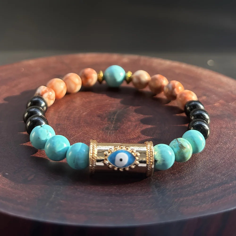 🧿 Lucky Evil Eye Natural Stone Beaded Bracelet – Turkish Protection Amulet | Unisex Jewelry for Yoga, Spirituality & Friendship Gifts