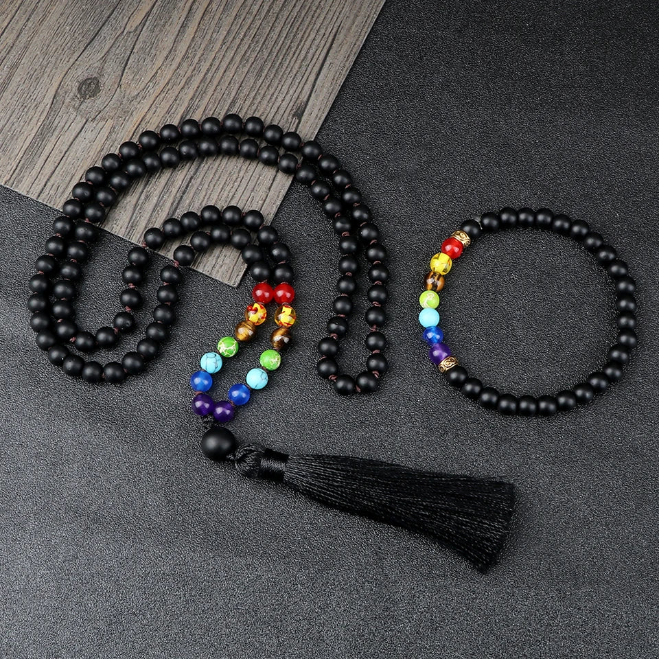 🌑 Black Onyx & 7 Chakra Mala: Shiny/Matte 108 Bead Necklace & Wrap Bracelet – Grounding, Protection & Anxiety Relief Meditation Rosary