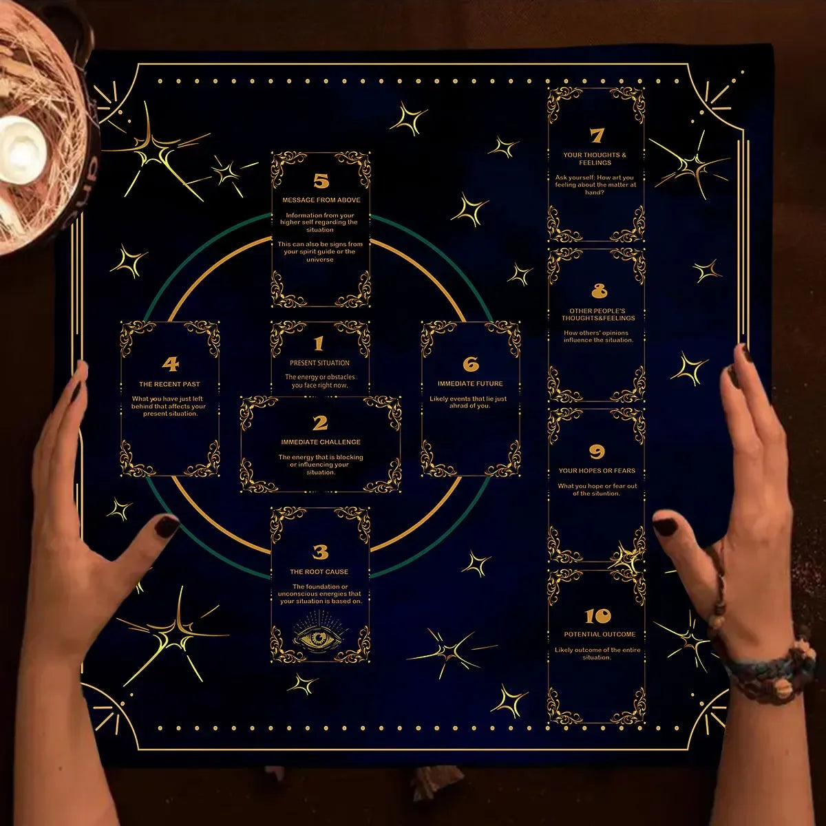 🔮Golden Celtic Cross Tarot Tablecloth – Elegant Polyester Altar Cloth Featuring Iconic Celtic Cross, Moon, Stars, and Floral Motifs HDS-2508241026