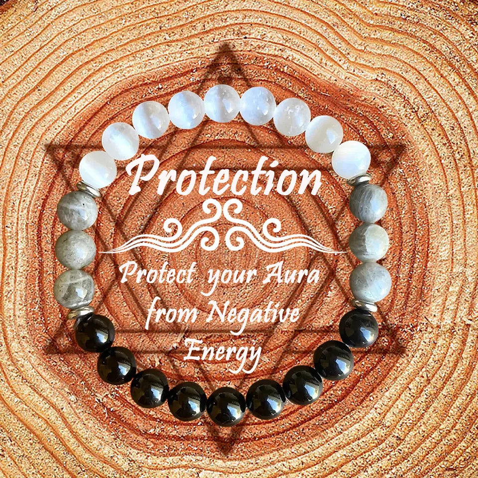 🛡️ Natural Stone Protection Bracelet – Black Tourmaline, Selenite & Labradorite 8mm Gemstone Beads for Energy Shield & Balance 18cm black