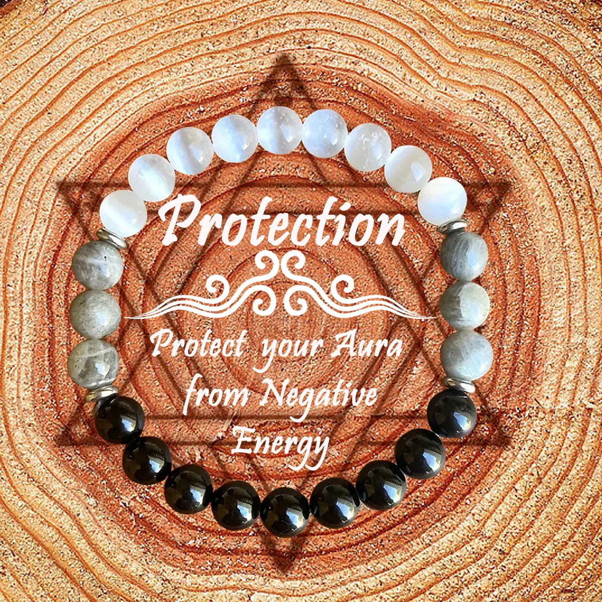 🛡️ Natural Stone Protection Bracelet – Black Tourmaline, Selenite & Labradorite 8mm Gemstone Beads for Energy Shield & Balance