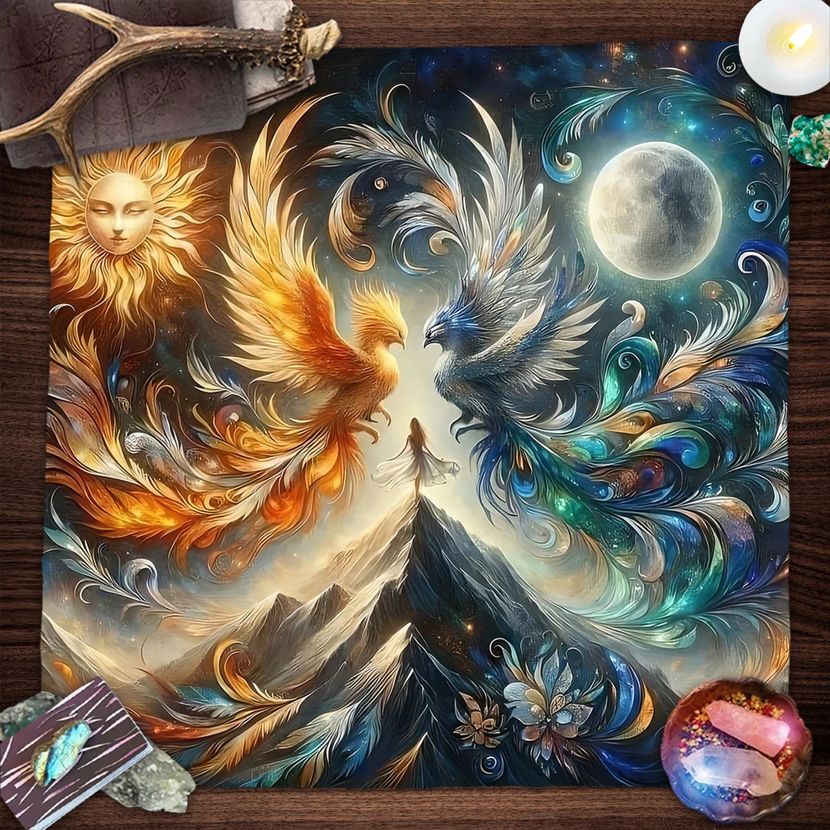 🧿Mystical Sun & Moon Phoenix Tarot Tablecloth – Ice and Fire Phoenix Altar Cloth for Powerful Tarot Readings, Witchcraft & Celestial Home Decor TLB (548)