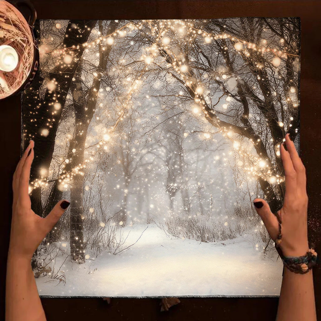 🃏 Dreamy Snowy Forest Tarot Tablecloth – Fairy Lights Altar Cloth with Crystal Snowflakes for Mystical Tarot Readings & Winter Spiritual Decor