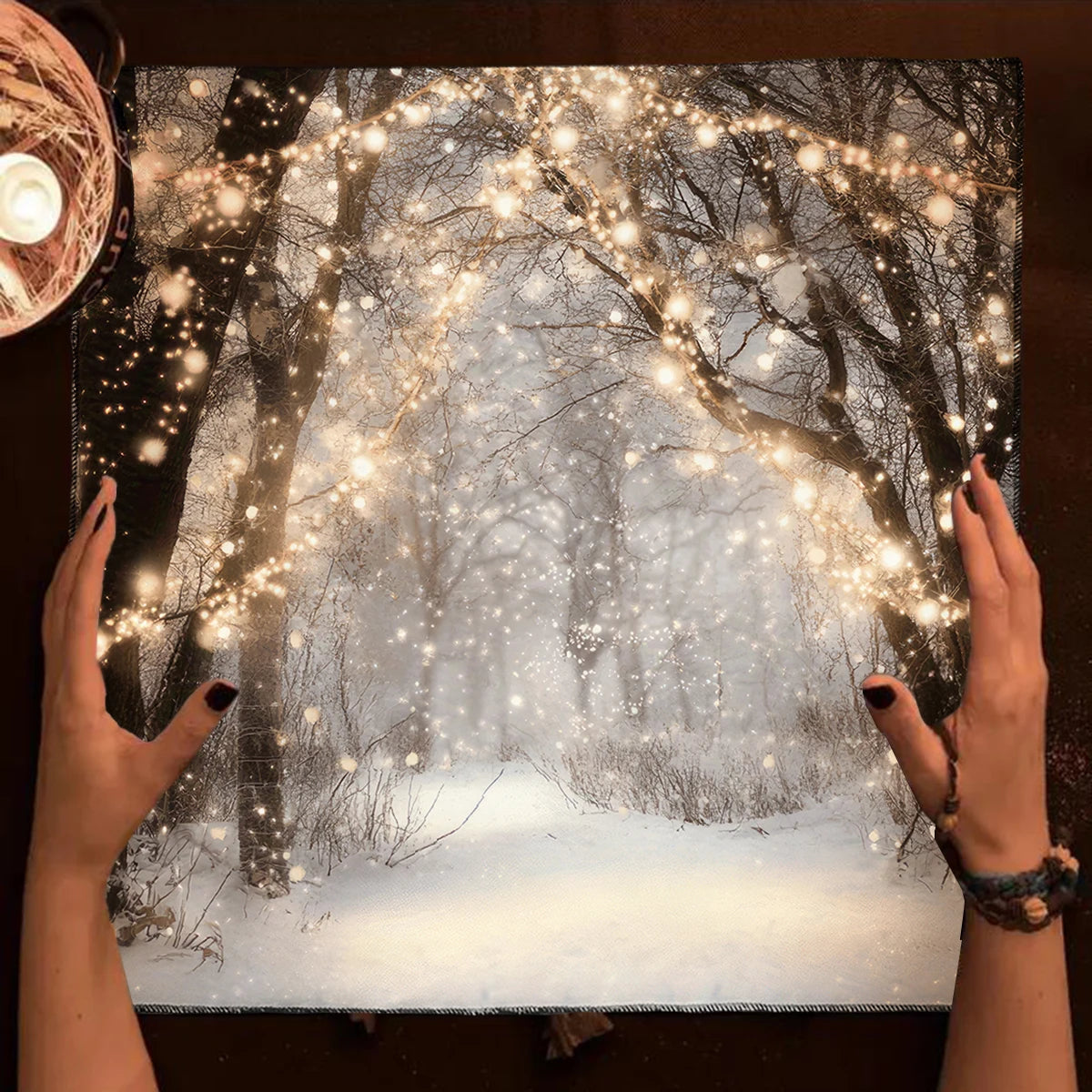 🃏 Dreamy Snowy Forest Tarot Tablecloth – Fairy Lights Altar Cloth with Crystal Snowflakes for Mystical Tarot Readings & Winter Spiritual Decor