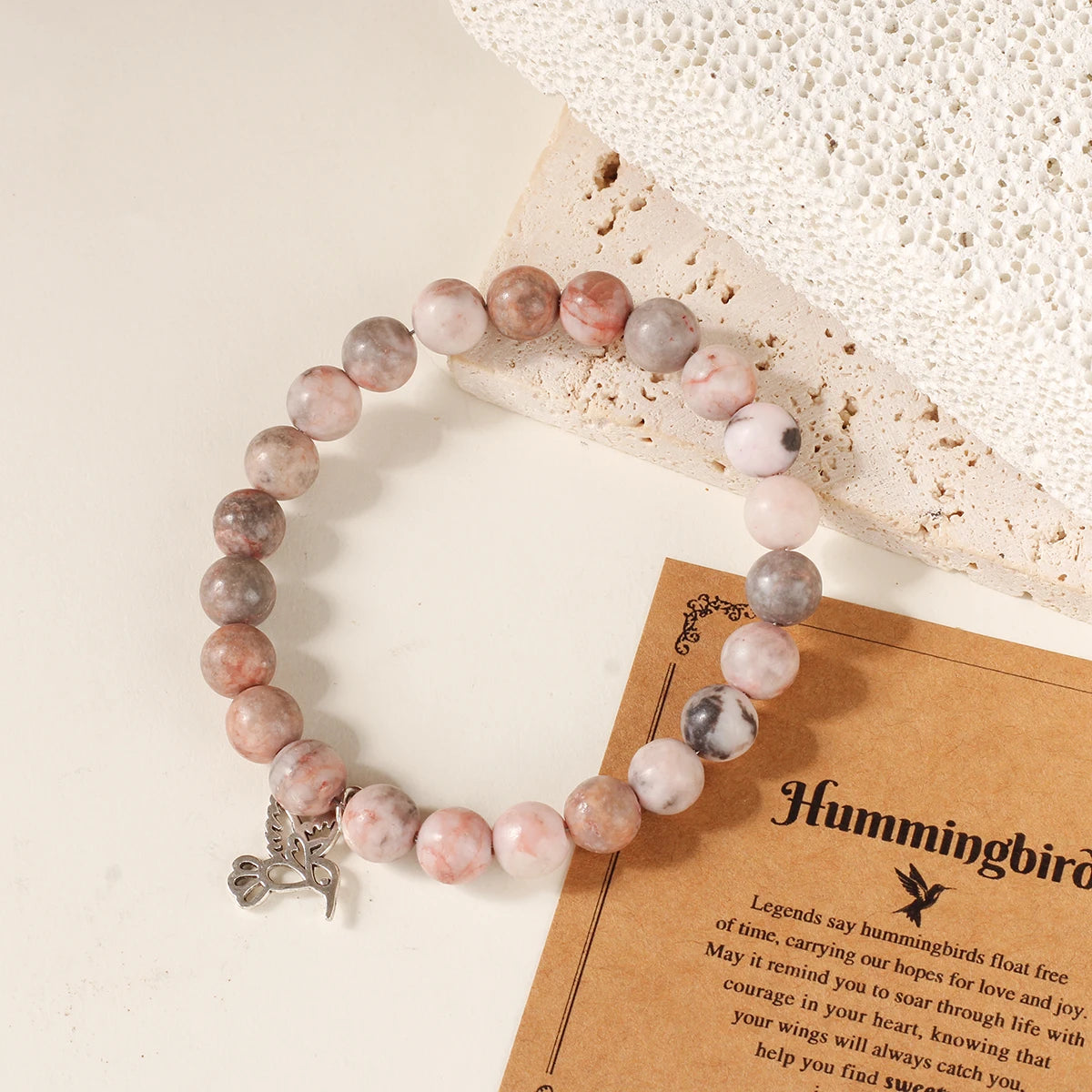 ✨ Cute Pink Zebra Hummingbird Pendant Bracelet – Natural Stone Beads Bangle for Women – Good Luck Jewelry Gift for Girls’ Birthdays