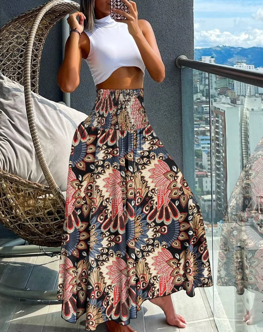 🛍️ Boho Beach Skirt – Vintage Printed Long A-Line Skirt with Elastic High Waist, Big Hem for Women’s Vacation and Spring-Summer Fashion black