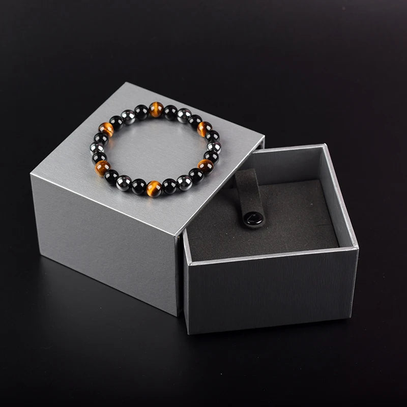 ✨ Magnetic Hematite, Tiger Eye & Obsidian Bracelet – Triple Protection Health Care Stainless Steel Bangle – Perfect Weight Loss Gift for Men & Women