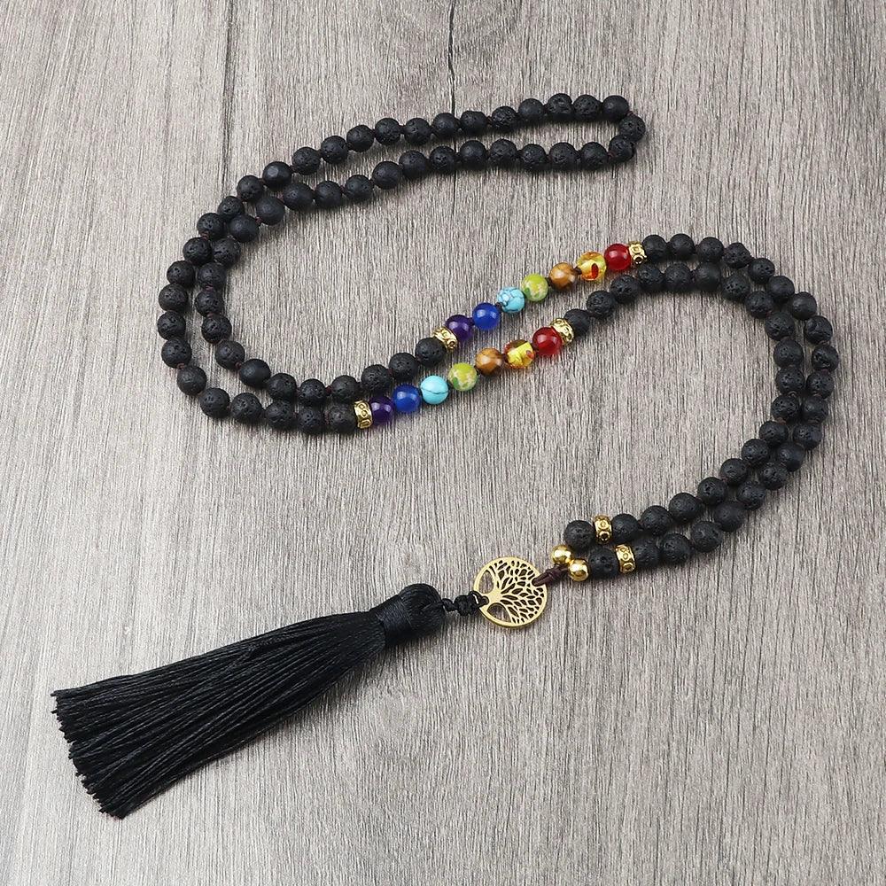 🐯 Tiger Eye & Black Onyx 108 Mala Necklace with Tree of Life Pendant – 7 Chakra Healing Crystal Beads & Protection Rosary Jewelry for Men & Women