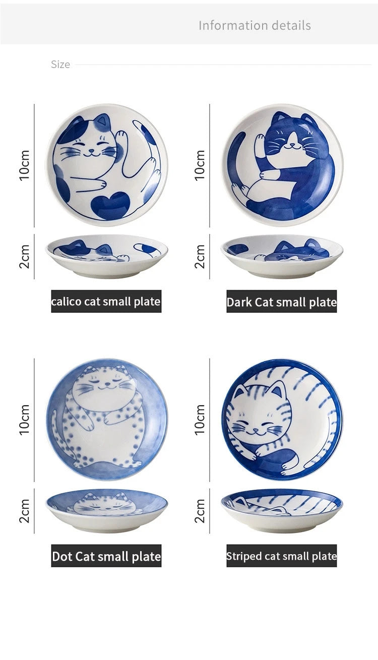 🍥 Japanese Style Ceramic Dessert Sauce Dish – Creative Cute Cartoon Lucky Cat Pattern | Water Drop Shape Fruit &amp; Sushi Plates | Free Shipping