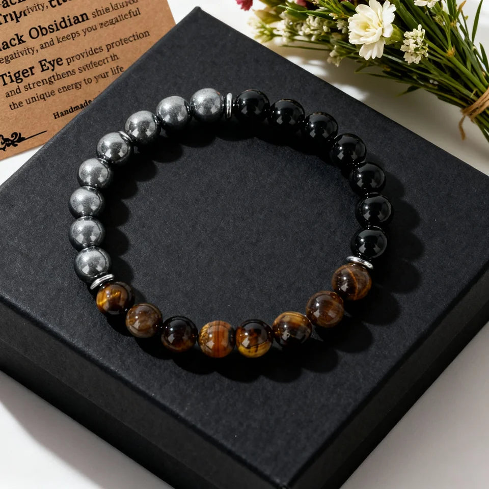✨ Classy Autumn & Winter Jewelry – Blue & Yellow Hematite Tiger’s Eye Bracelet – Unique Natural Stone Accessory for Family Banquets