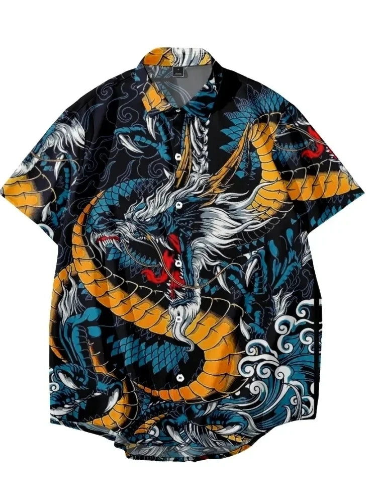 🐉 The Draconian Legacy: Premium Men’s Y2K Vintage Dragon Print Hawaiian Shirt – High-Definition Oriental Dragon Graphic, Ultra-Breathable Performance Fabric, and Sophisticated Urban Social Wear Short-Sleeve Button-Down (S-5XL) CS2024AT7067