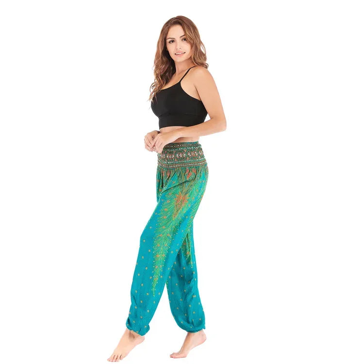 Women's Boho Yoga Pants - High Waist Floral Print Harem Leggings with Pockets for Comfort and Style