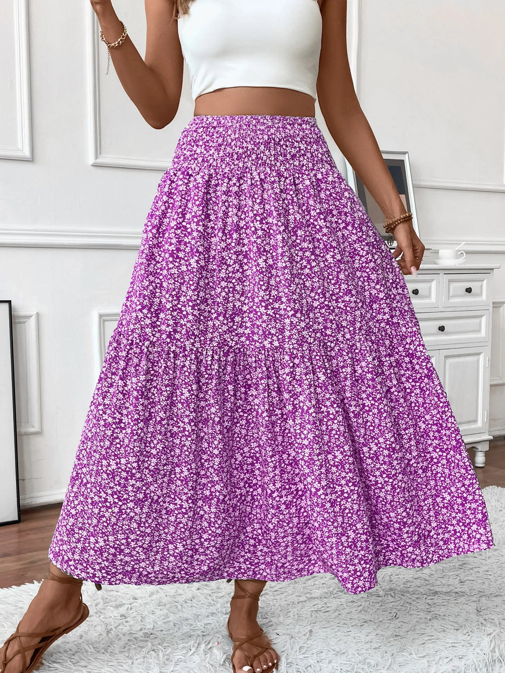 🌟 Women New Classic Printed Skirt Retro High Waist Long Skirt Casual Stylish Loose Beach Skirt Elegant Ladies Floral Pleated Skirt﻿
