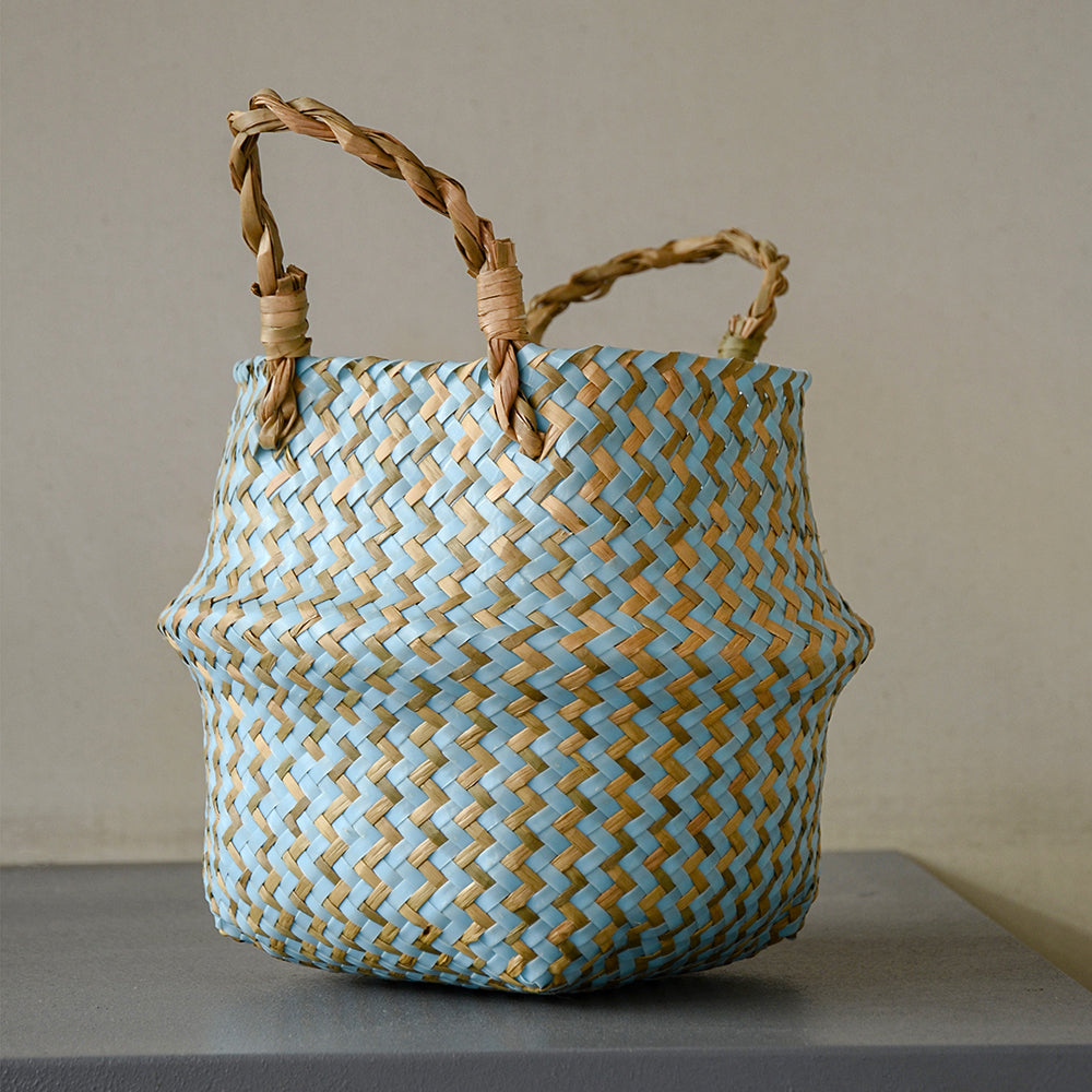 Handmade Boho Striped Wicker Storage Baskets – Collapsible Laundry & Garden Flower Pot Baskets with Patchwork Design