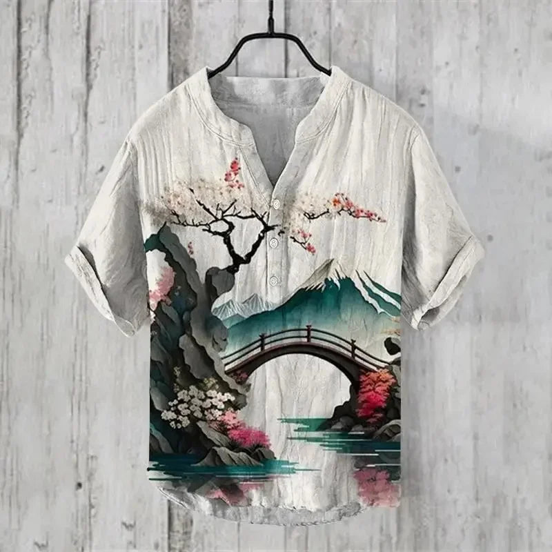 ⛩️ The Zen Crane Heritage: Premium Men’s 100% Pure Organic Linen Shirt – High-Definition Oriental Landscape Art Print, Sophisticated V-Neck Cut, and Plus Size (Up to 6XL) Luxury Casual Button-Down ARL545