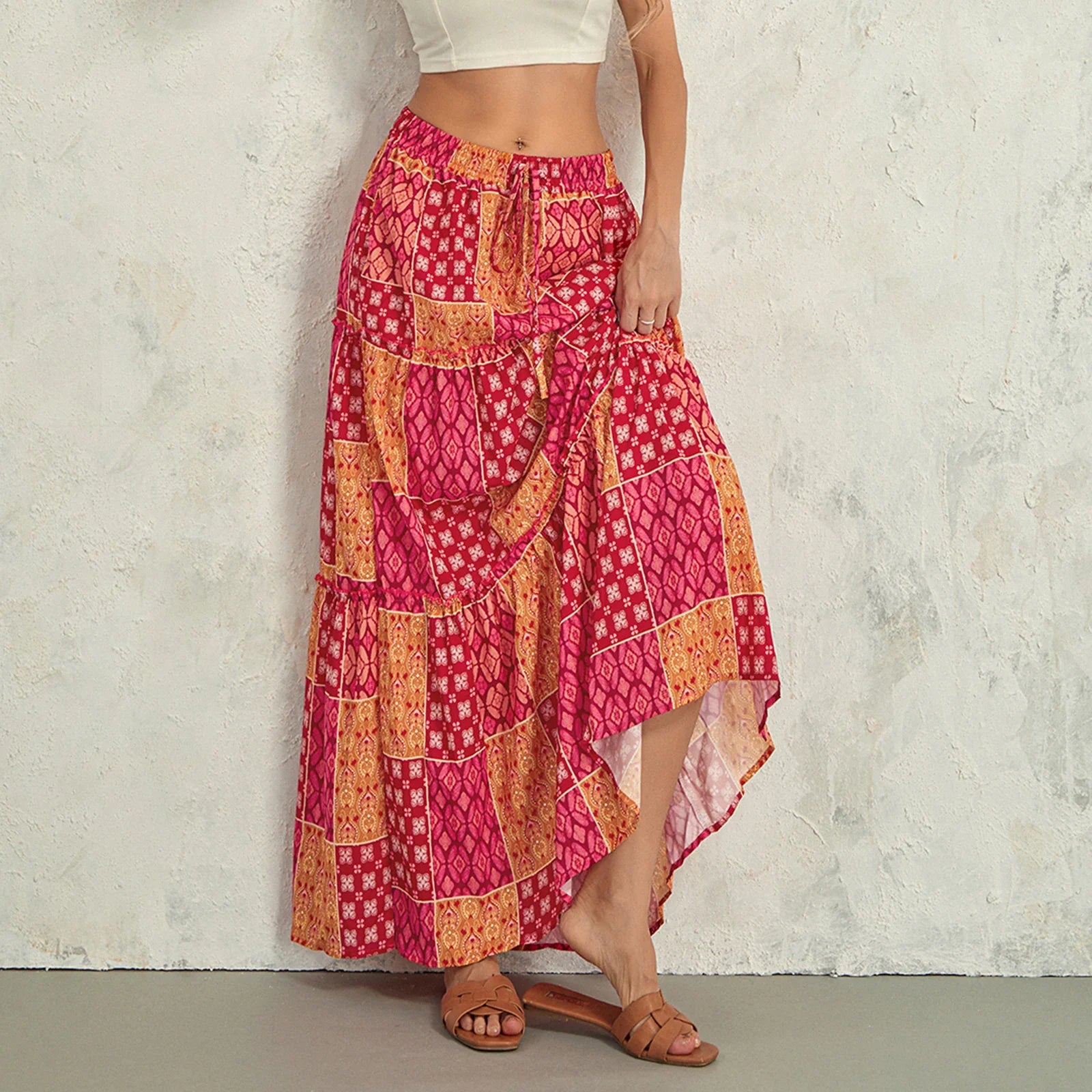 👗 Women’s Bohemian Print Long Skirts – Elastic High Waist, Loose Tiered A-line Skirt with Pockets