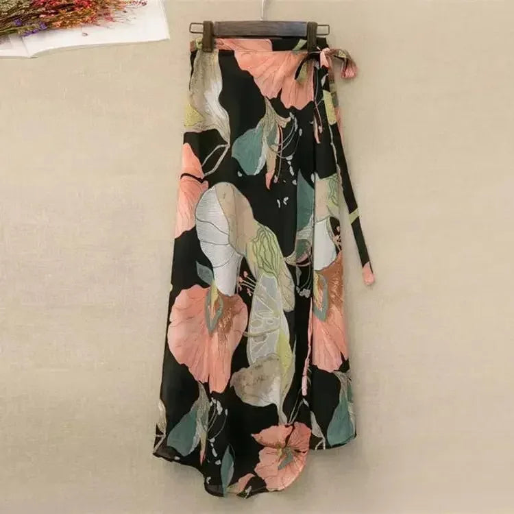 🌟 Summer Beach Floral Skirt for Women Cotton High Waist Wrap Maxi Skirt Long with Side Slit & Tie Detail Boho Style Design﻿