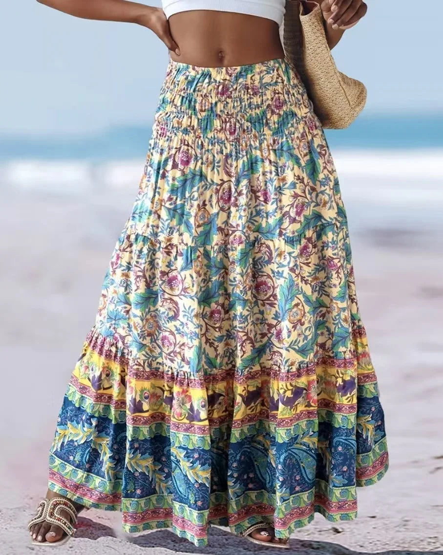 👗 Fashion Boho Printed Long Skirt – Casual Retro Vacation Style with Elastic Waist and A-line Big Hem for Women, Spring Summer New