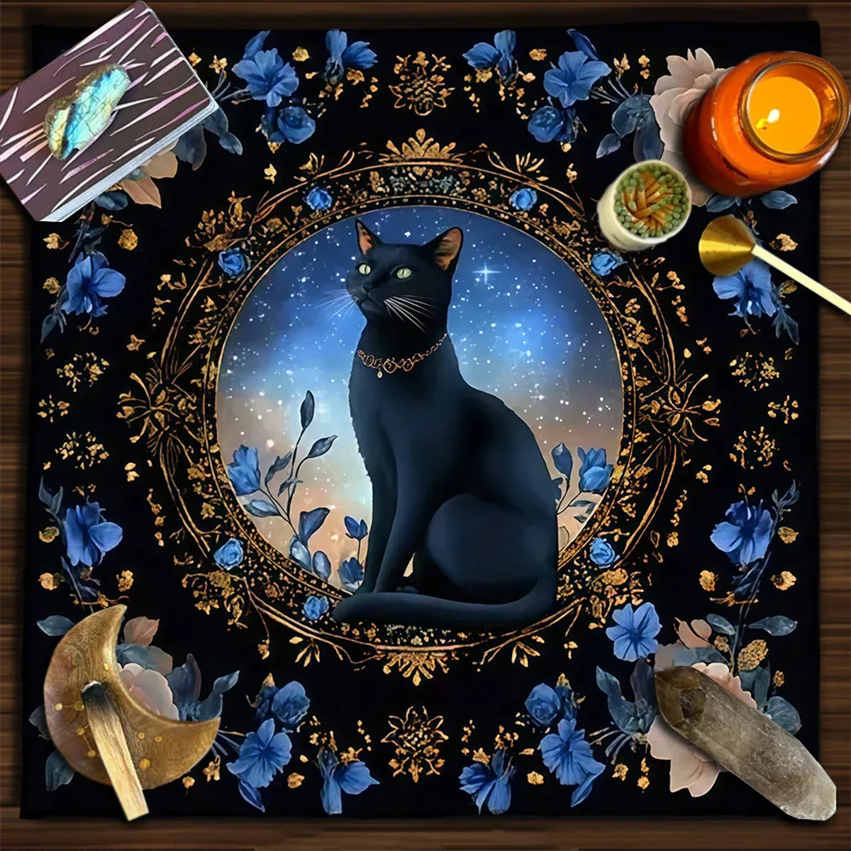 🔮Colorful Mandala Black Cat Altar Cloth – Tarot Tablecloth with Moon & Starry Sky for Witchcraft, Divination & Mystical Home Decor TLB (827)