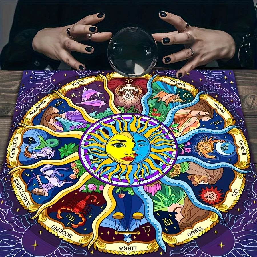 🃏VIKAMA Zodiac Sun Center Tablecloth – Waterproof Starry Sky Astrology Cloth for Metaphysical Divination, Energy Meditation & Mystic Home Decor YLB-558